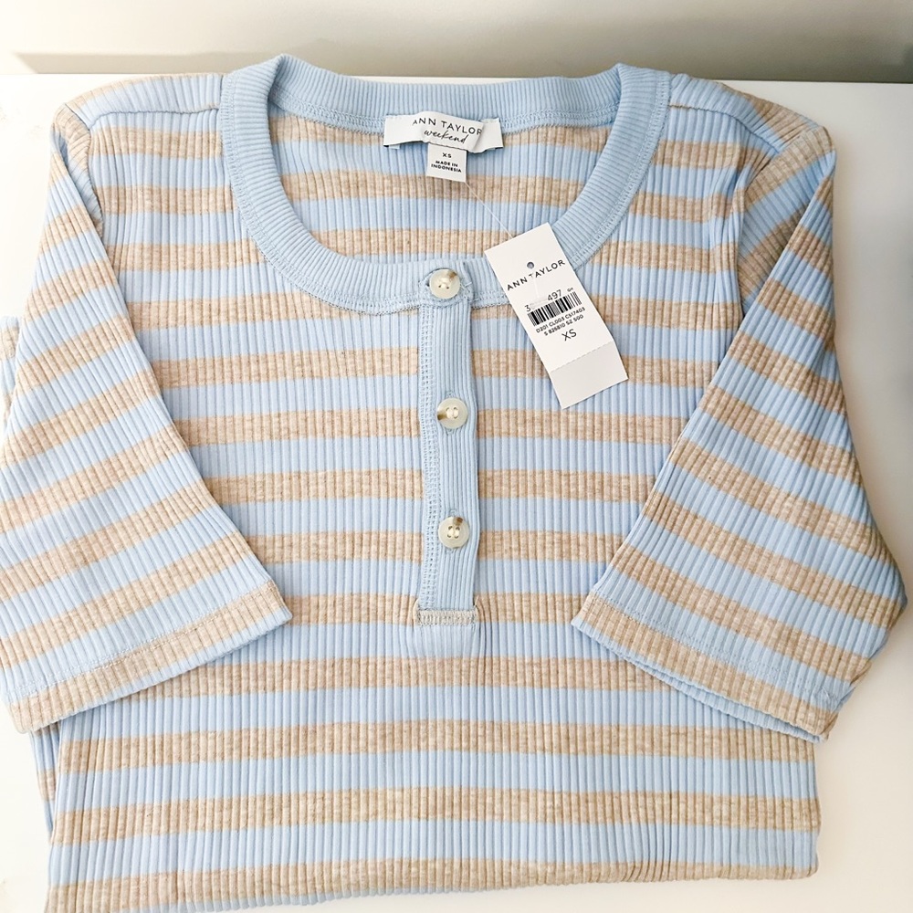 Ann Taylor Weekend Light Blue and Beige Buttoned Tee